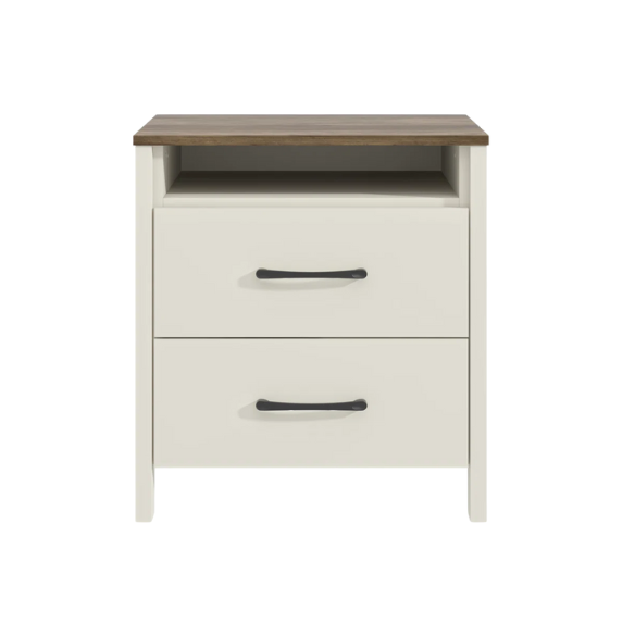 22.7" 2-Drawer Nightstand – Space-Saving Modern Minimalism, Engineered Wood with Clean-Lined Silhouette, Neutral Finish, Open Cubby & 2 Spacious Drawers for Bedroom Storage, Ideal for Tech & Accessories