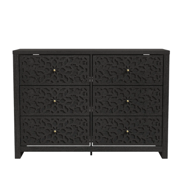 Boho-Inspired 45.4" 6-Drawer Dresser with Distressed Finish and Openwork Floral Details