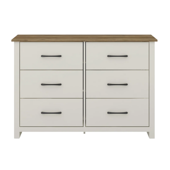 Modern 6-Drawer Double Dresser with Flared Feet and Sleek Black Metal Handles