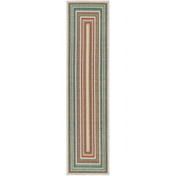Coastal-Inspired Geometric Rug – Fade & Stain-Resistant, Green & Orange Pattern, Ideal for Indoor/Outdoor Use