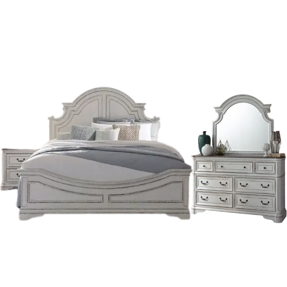 Upholstered Bed, Dresser, Mirror, and Nightstand Set in Antique White – Timeless Elegance, Refined Craftsmanship, and Distinctive Style