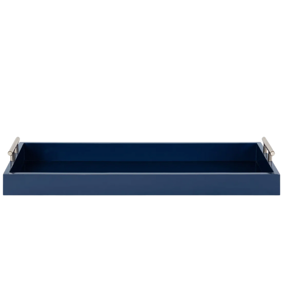 Sleek and Sophisticated Long Rectangular Serving Tray – High Gloss Wood with Polished Metal Handles, Perfect for Entryway, Vanity, or Coffee Table