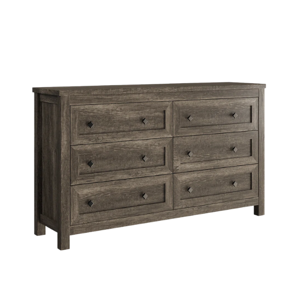 6-Drawer Dresser – A Perfect Blend of Rustic Charm and Industrial Elegance, Featuring a Clean-Lined Silhouette and Weathered Finish. Crafted from Solid and Engineered Wood