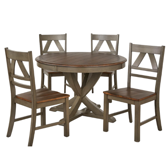 Country-Style 5-Piece Dining Set – Round Beadboard Table with X-Base and Geometric Back Chairs