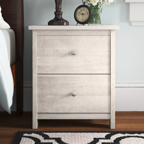 2-Drawer Nightstand – Neutral Engineered Wood, Streamlined Rectangular Design, Four Block Legs, Convenient Storage with Roller-Glide Drawers & Metal Knobs, Perfect for Traditional & Contemporary Bedroom