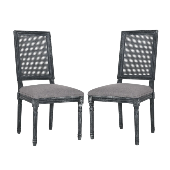 French Country Wood and Cane Upholstered Dining Chairs – Weathered Rubberwood Frame with Fluted Legs & Rectangular Cane Backrest