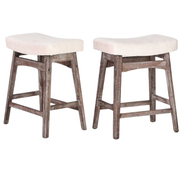 24-Inch Solid Wood Barstools with Linen/PU Leather Fabric Cushion – Set of 2 Backless Saddle Seat Counter Stools for Modern Living