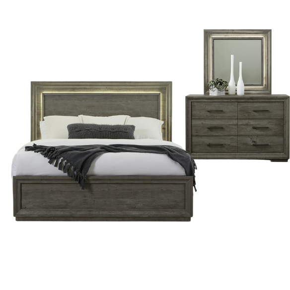 Contemporary Queen Bedroom Set with Brushed Nickel Storage Bed, LED-Illuminated Headboard, Dresser, Mirror, and Nightstand with Charging Station
