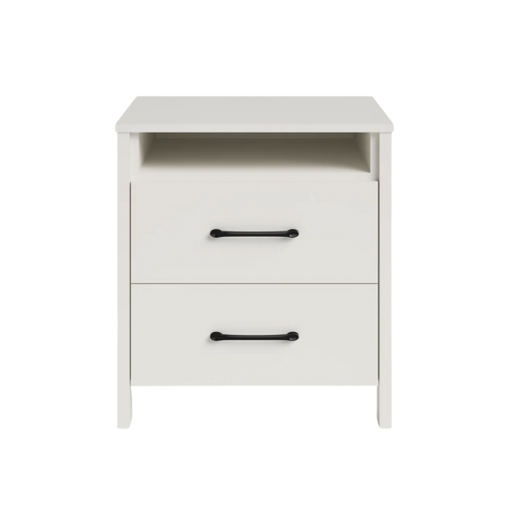 22.7" 2-Drawer Nightstand – Space-Saving Modern Minimalism, Engineered Wood with Clean-Lined Silhouette, Neutral Finish, Open Cubby & 2 Spacious Drawers for Bedroom Storage, Ideal for Tech & Accessories