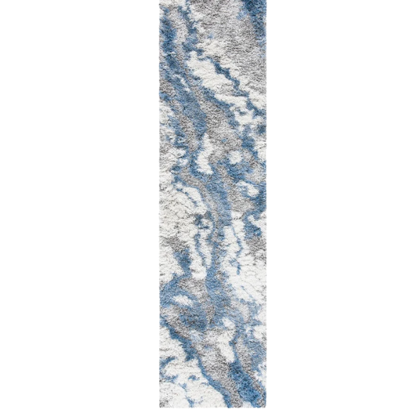Plush Abstract Blue, Grey, and White Pattern Shag Rug