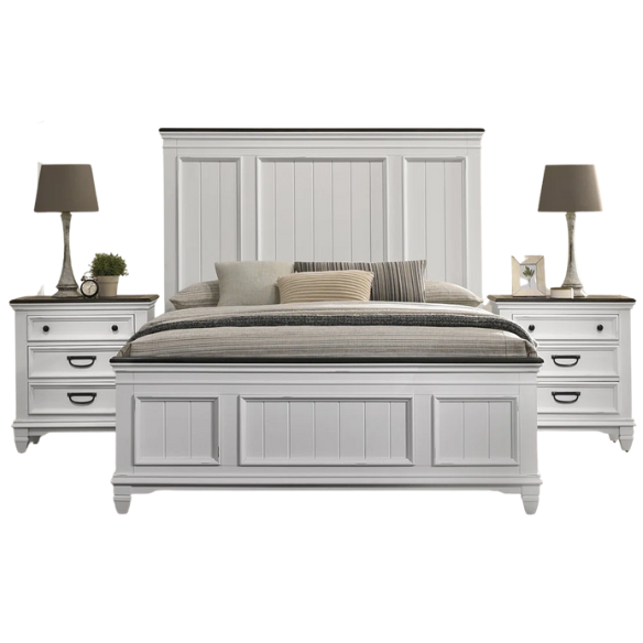 Modern Farmhouse 3-Piece Queen Bedroom Set with Natural Wood Trim, Featuring a Stylish Wooden Bed