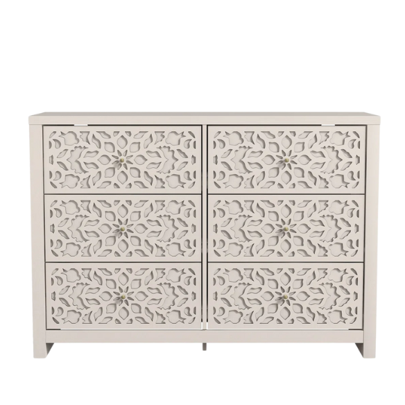 Boho-Inspired 45.4" 6-Drawer Dresser with Distressed Finish and Openwork Floral Details