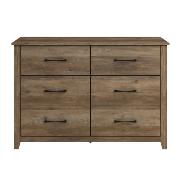 Modern 6-Drawer Double Dresser with Flared Feet and Sleek Black Metal Handles