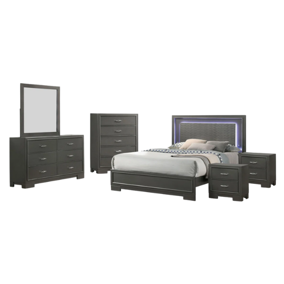 Contemporary 6-Piece Queen Bedroom Set in Solid Grey with LED-Illuminated Headboard, Textured Panels, and Eco-Friendly Rubberwood Construction