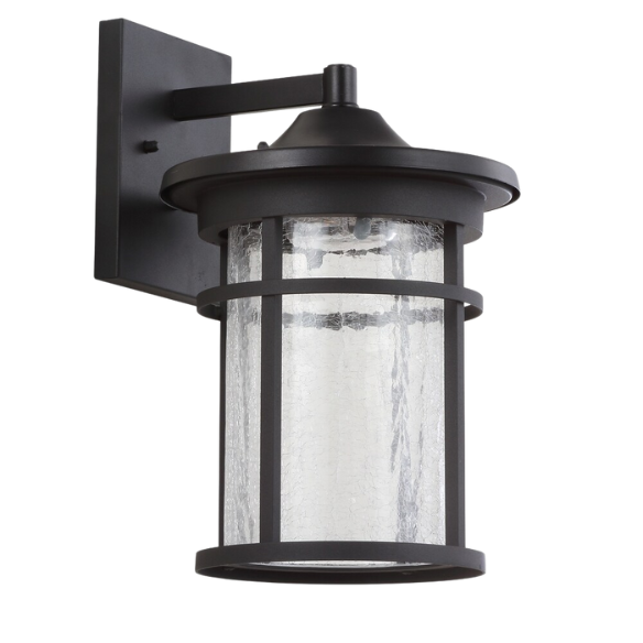 Outdoor Wall Lantern – Crackled Glass and Metal Integrated LED Wall Sconce in Black, Traditional & Rustic Style for Entryways and Courtyards