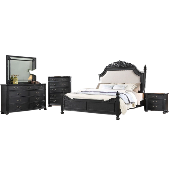 3-Piece Black Modern Contemporary Solid Wood & Veneers Fabric Upholstered Bedroom Set – Sleek, Sturdy Design with Luxurious Comfort
