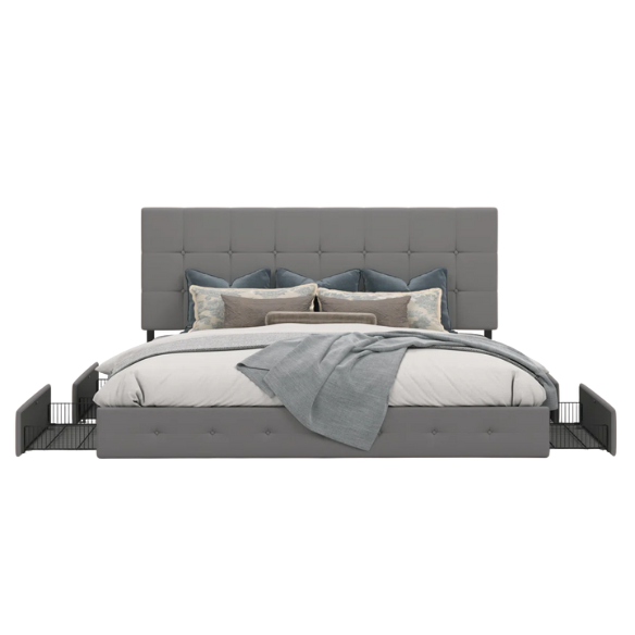 Queen Size Upholstered Platform Storage Bed with Tufted Button Accent Design
