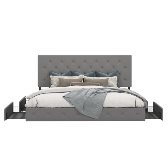 King Size Upholstered Platform Bed with Storage Drawers, Padded Headboard, and Sophisticated Button Tufting