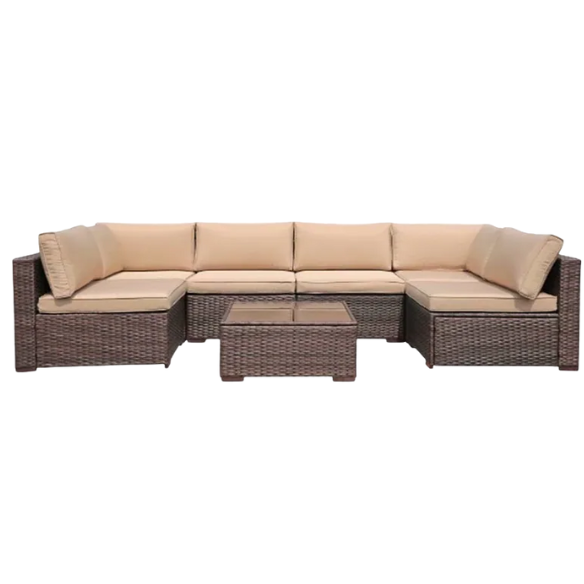 7-Piece Modular Patio Furniture Set | Wicker Outdoor Sectional Sofa with PE Rattan, Plush Pillowtop Cushions, and Coffee Table