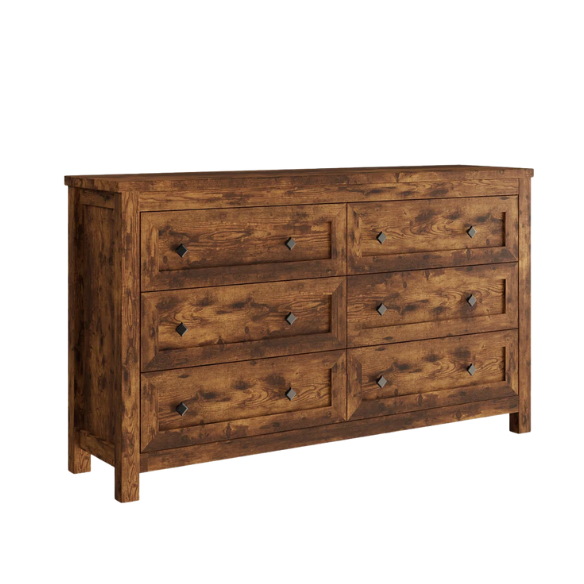 6-Drawer Dresser – A Perfect Blend of Rustic Charm and Industrial Elegance, Featuring a Clean-Lined Silhouette and Weathered Finish. Crafted from Solid and Engineered Wood