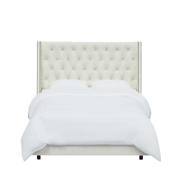 Chic Upholstered Wingback King Size Bed with Button Tufting and Nailhead Trim