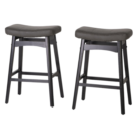 24-Inch Solid Wood Barstools with Linen/PU Leather Fabric Cushion – Set of 2 Backless Saddle Seat Counter Stools for Modern Living