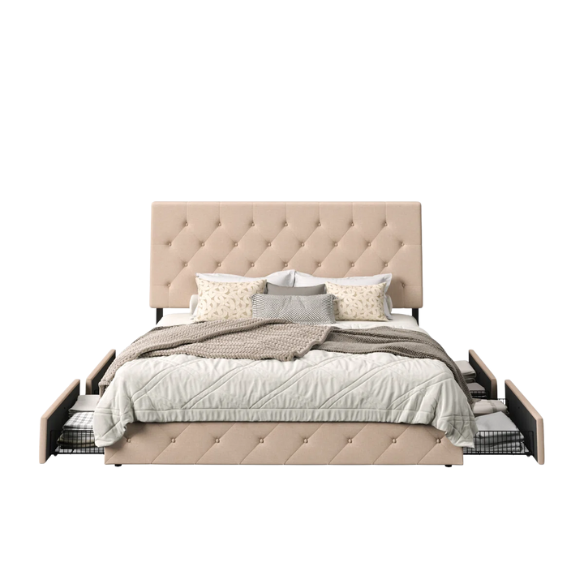 King Size Upholstered Platform Storage Bed with Spacious Drawers, Quiet Structure, and Sleek Minimalist Design