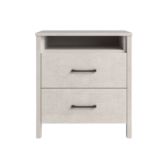 22.7" 2-Drawer Nightstand – Space-Saving Modern Minimalism, Engineered Wood with Clean-Lined Silhouette, Neutral Finish, Open Cubby & 2 Spacious Drawers for Bedroom Storage, Ideal for Tech & Accessories