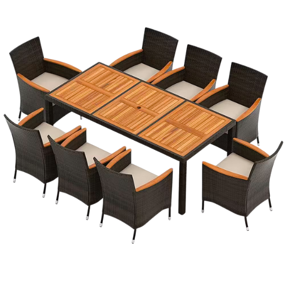 Outdoor Patio Dining Set | Acacia Wood Table and Chairs with Plush Cushions | Stylish Wicker Patio Furniture for Comfort and Elegance
