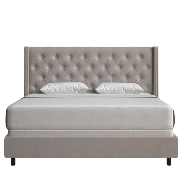 Chic Upholstered Wingback King Size Bed with Button Tufting and Nailhead Trim