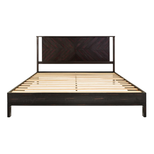 Solid Wood Platform King Size Bed with Headboard and Sturdy Steel Frame, Rustic Design