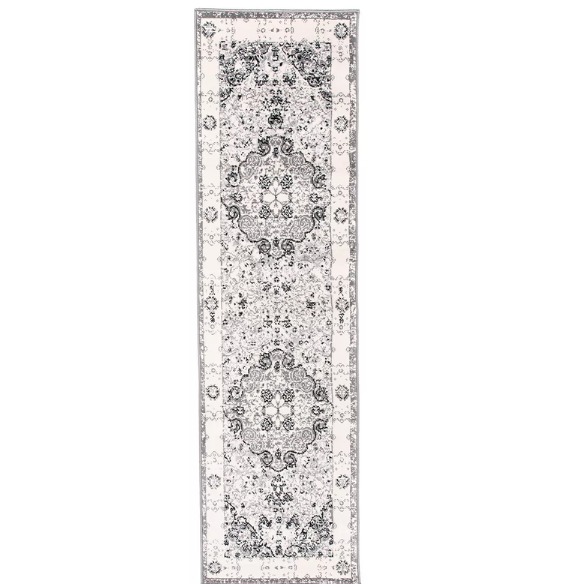 Distressed Oriental-Inspired Indoor Rug – Gray, Silver & Ivory Medallion Pattern, Stain-Resistant, Fade-Resistant, Perfect for Traditional & French Country Décor