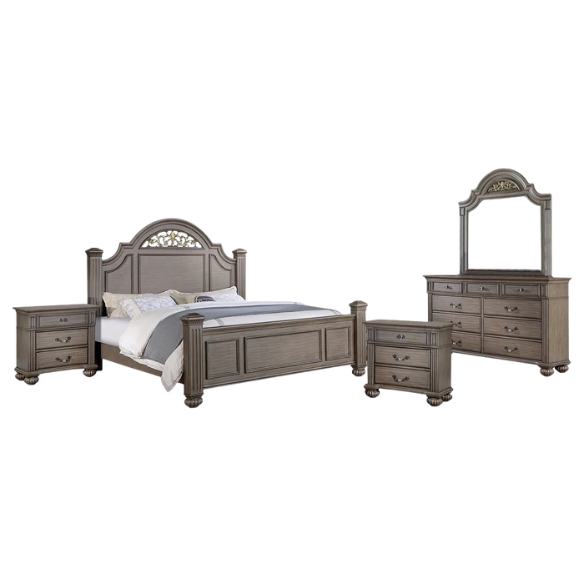 Elegant Traditional 5-Piece Grey Wood Poster Bedroom Set with Fluted Columns, Carved Floral Accents, and Bell-Shaped Headboard