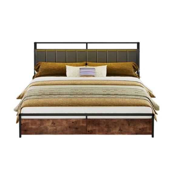 Modern LED King Size Bed Frame with Storage Drawers and Built-in Charging Station