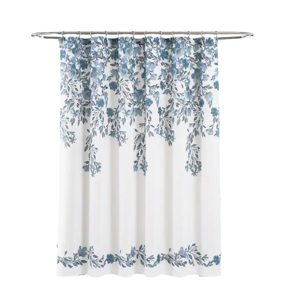 Blue and Grey Floral Vine Shower Curtain – Shabby Chic Farmhouse Style, 72" x 72"