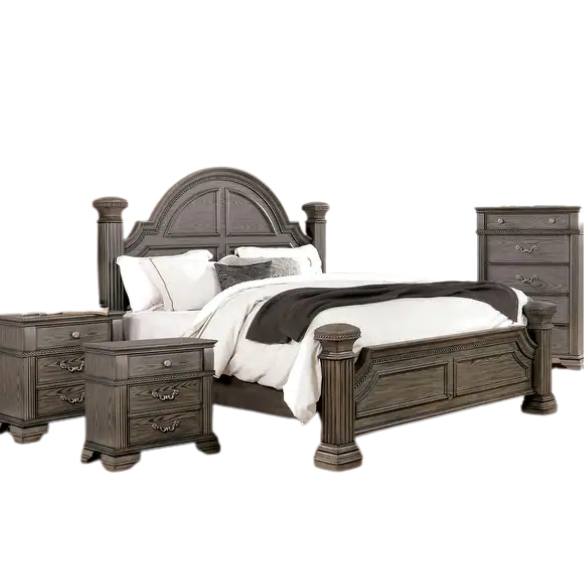 Elegant Traditional 3-Piece Wood Poster Bedroom Set with Beaded Trim, Reeded Posts, and USB Nightstands