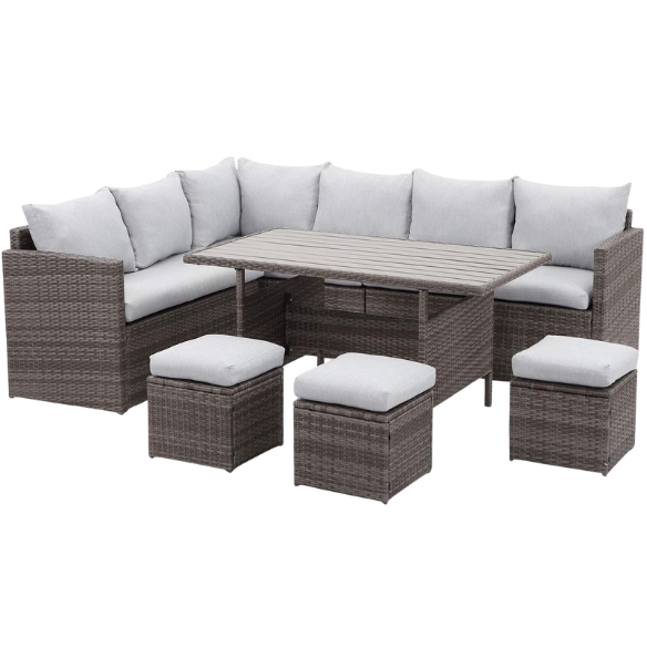 All-Weather Wicker Patio Furniture Set | Stylish Conversation Set with Cushioned Seats and Pillows | Perfect Outdoor Dining Solution