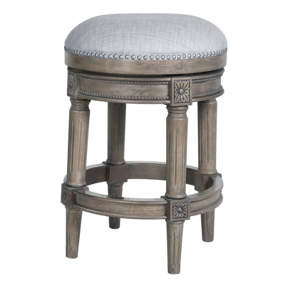 Backless Swivel 26" Counter-Height Bar Stool – Elegant Linen Upholstery with Nail Head Trim, 360-Degree Swivel, and Metal Footrest for Stylish Kitchen or Bar Seating