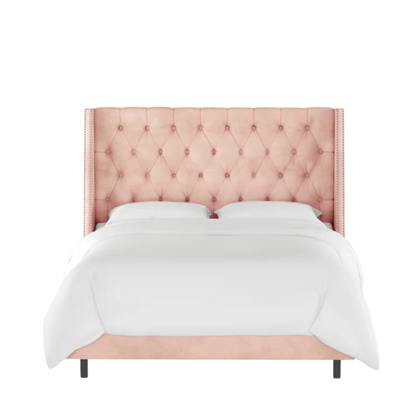 Chic Upholstered Wingback King Size Bed with Button Tufting and Nailhead Trim