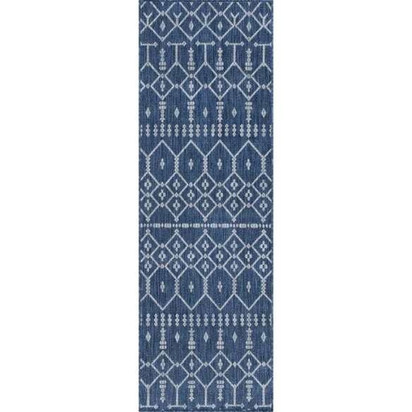 Boho-Inspired Navy & Grey Geometric Rug – Fade & Stain-Resistant, Low-Pile, Perfect for High-Traffic Indoor/Outdoor Spaces