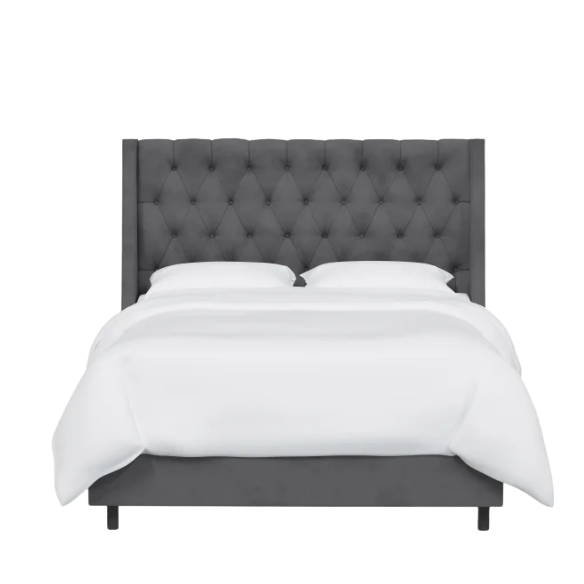 Chic Upholstered Wingback King Size Bed with Button Tufting and Nailhead Trim