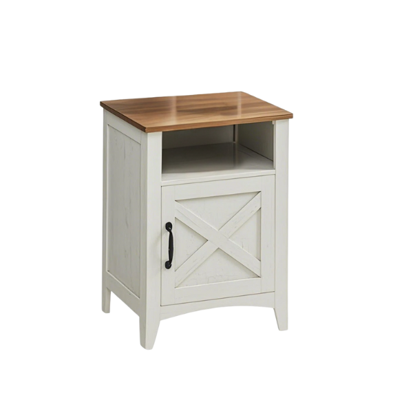 Farmhouse Nightstand with Cabinet & Open Compartment – Rustic Bedside Table, Distressed Finish, Barn Door Style, Matte Black Metal Handles, Flared Legs, Versatile Storage for Bedroom or Living Room
