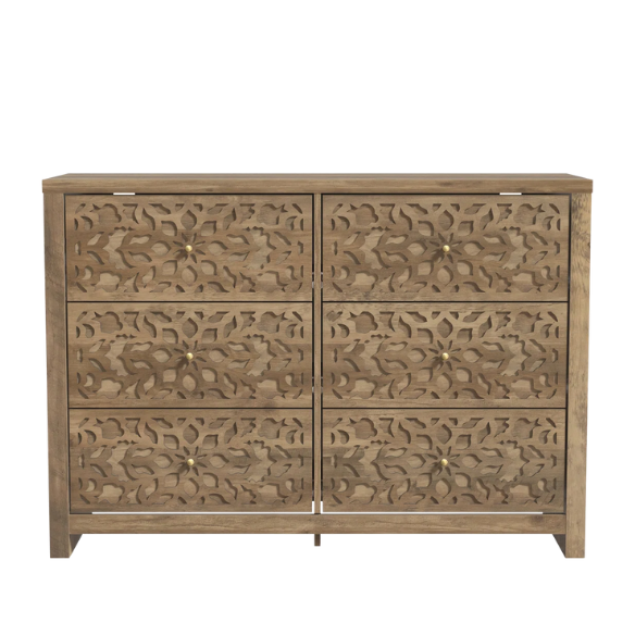 Boho-Inspired 45.4" 6-Drawer Dresser with Distressed Finish and Openwork Floral Details