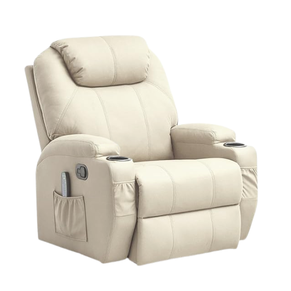 Beige Cream Swivel Rocker Recliner with Massage & Heating – 360° swivel, soothing rocking, 8 vibration massage points, lumbar heating, and convenient storage. Perfect for relaxation, with durable materials and easy assembly.