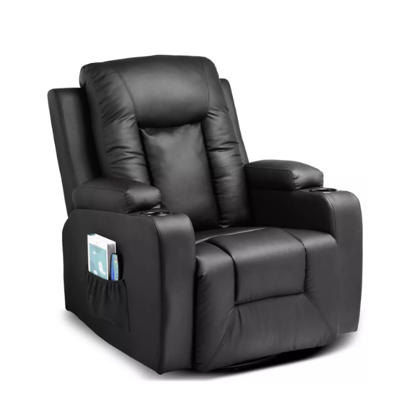 Black massage recliner with heating, vibration, and manual reclining features for ultimate comfort and relaxation. Soft faux leather upholstery, overstuffed padding, and a sturdy alloy steel frame combine style and durability. Includes remote control, dual cup holders, and convenient side pocket for storage.