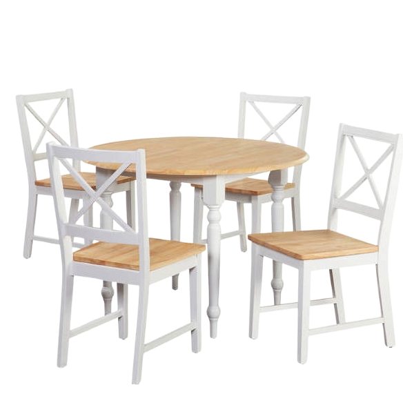 5-Piece Dining Set – Two-Tone Round Table with Drop Leaves & Cross-Back Chairs