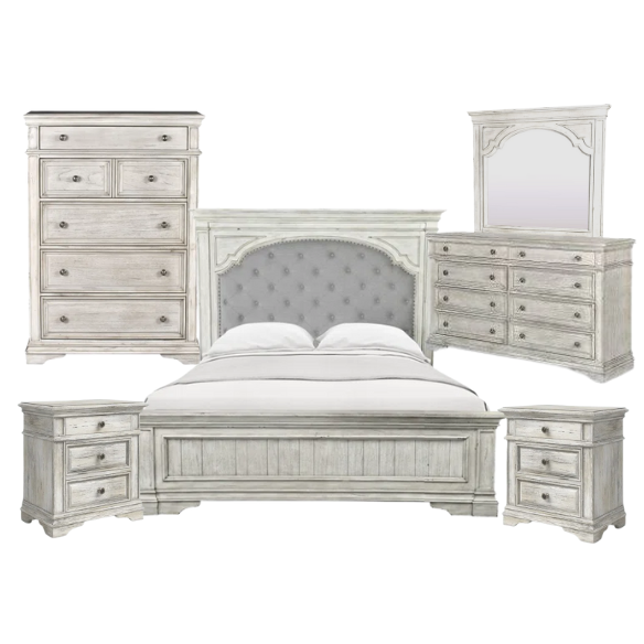 Rustic White King 5-Piece Bedroom Set – Upholstered Tufted Bed, Nightstand, Dresser with Mirror, and Chest