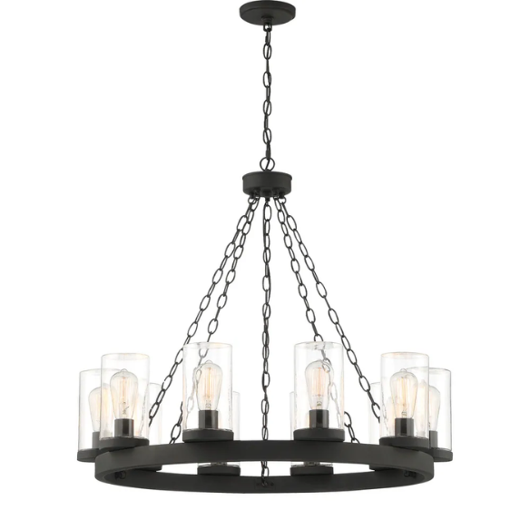 10-Light Farmhouse Black Wagon Wheel Chandelier – Rustic Metal and Clear Glass Ceiling Light for Dining Room, Foyer, Living Room, or Bedroom