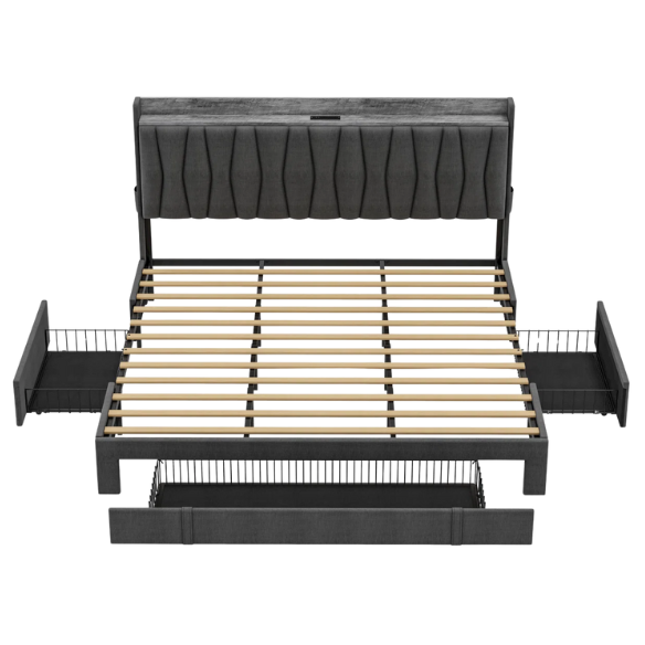 Modern Upholstered King Size Bed Frame with 3 Storage Drawers, Soft Foam Headboard, and Built-in Charging Station