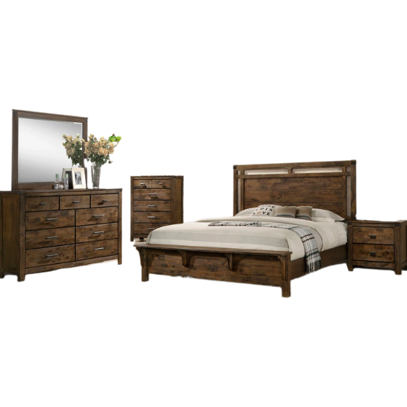 Timeless 6-Piece Brown Rustic Wood Panel Bedroom Set with Modern Design and Inviting Elegance